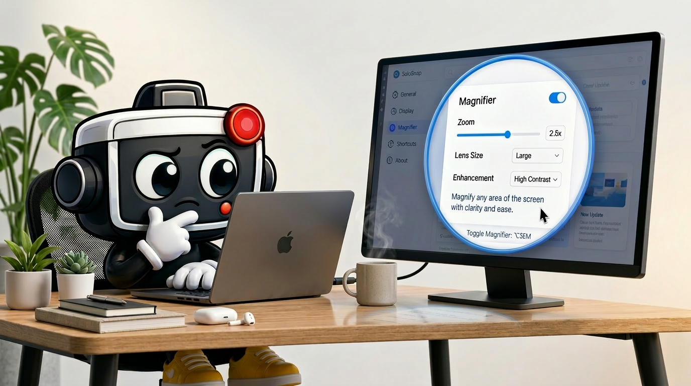 SoloSnap mascot at a workstation demonstrating the Magnifier with zoom, lens-size and high-contrast controls visible