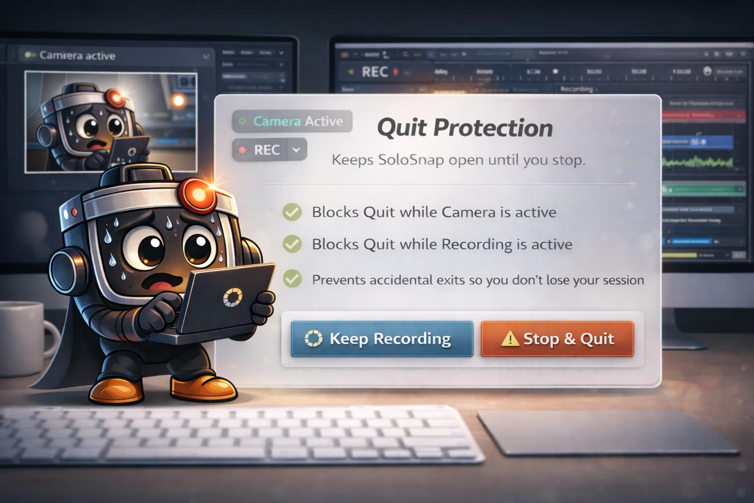 SoloSnap Quit Protection feature - prevents accidental app termination during active recordings