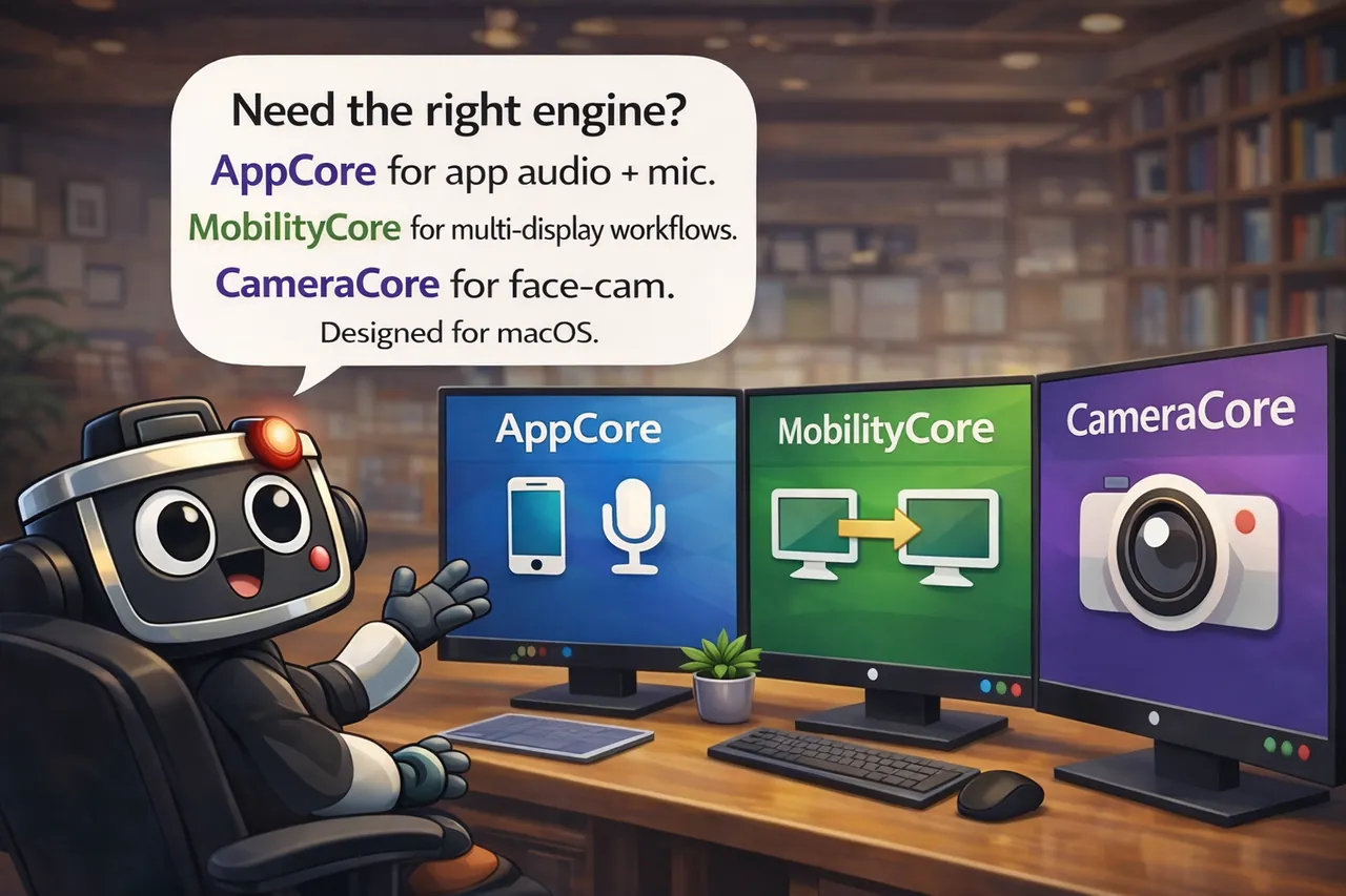 SoloSnap Recording Engines - AppCore for app audio and mic, MobilityCore for multi-display workflows, CameraCore for face-cam recording